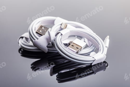 Preview: White usb charging cables on mirror table.