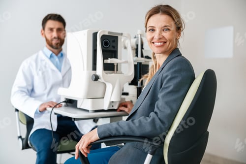 Preview: Woman happy with result after checking eyesight in ophthalmology clinic