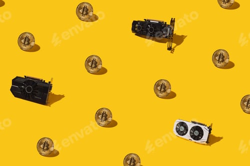 Preview: Golden pattern from bitcoin cryptocurrency and video cards. Cryptocurrency mining concept