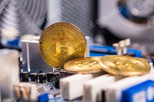 Preview: closeup of gold bitcoin on computer components background, technology and digital currency concept