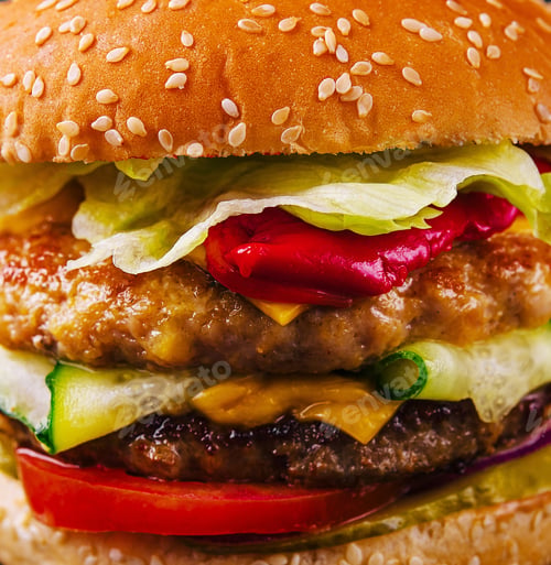 Preview: burger with two cutlets and fresh vegetables