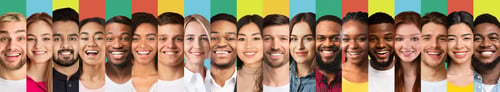 Preview: Young People Portraits In Row Collage Over Colorful Backgrounds, Panorama