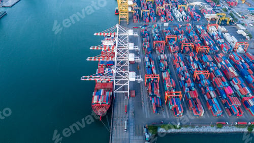 Preview: crane loading cargo container from truck to container ship in the international