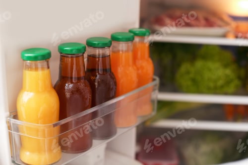 Preview: Open refrigerator with bottles of different juices