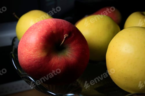 Preview: Red Apple and Yellow Apples on a Dish