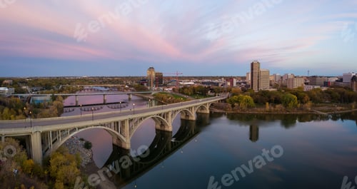 Preview: Aerial panoramic view of a bridge going over Saskatchewan River