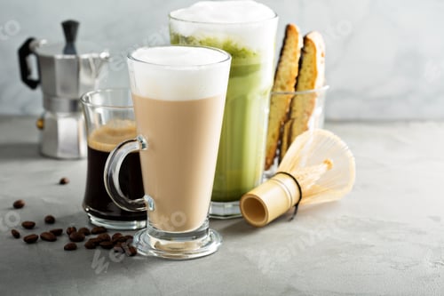 Preview: Espresso, regular coffee and matcha latte