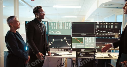 Preview: Computer screen, meeting and stock market with business people in office together for investment or