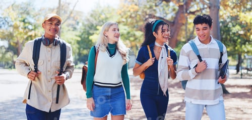 Preview: Students, education and friends in university park with conversation and study talk outdoor. Happy,