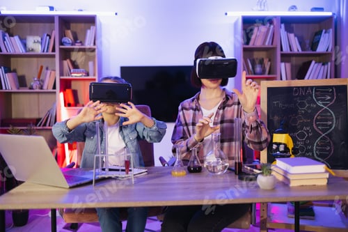 Preview: Daughter play with mom make funny experiment using vr glasses.