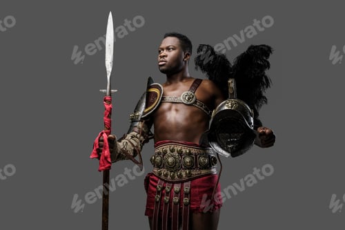 Preview: Naked african gladiator with plumed helmet and long spear
