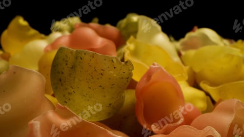 Preview: Close up of dry conchigliony shell shaped pasta of different colors. Stock footage. Uncooked pasta