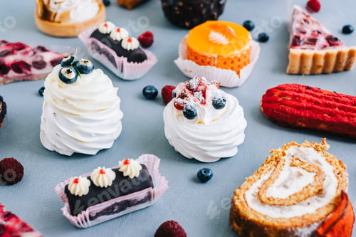 Preview: Assortment of confectionery, different types of cakes and desserts on the table.