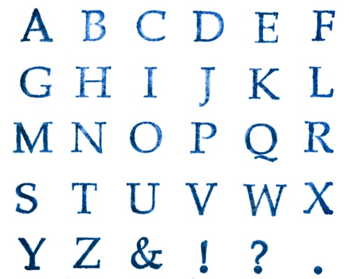 Preview: Reprints of stamps the English alphabetical uppercase, isolated on white background