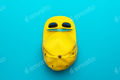 Preview: Photo Yellow Cap and Sunglasses Over Turquoise Blue Background with Copy Space
