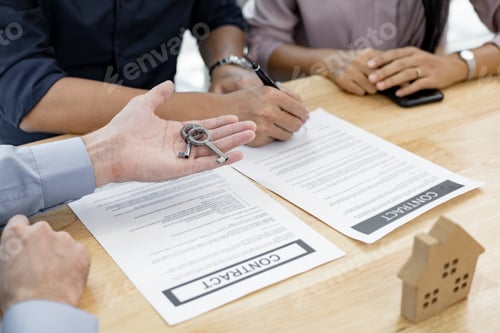 Preview: Couple completes the house purchase contract and the broker gives the house key.