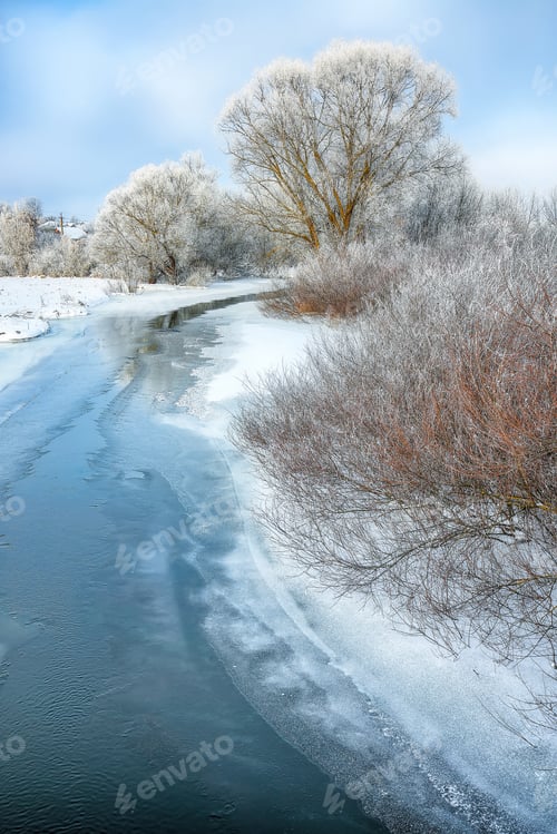 Preview: Winter forest on the river at sunset.