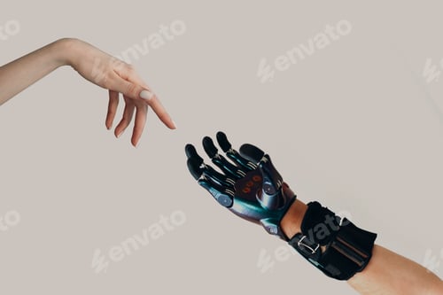 Preview: Male hand prosthesis cyborg reaching to female human hand. Hands touching progress concept.