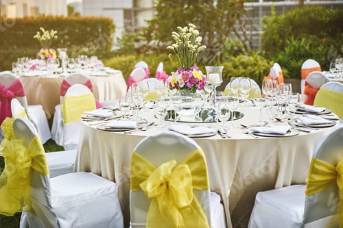 Preview: Wedding reception dinner table setting with empty glasses of water