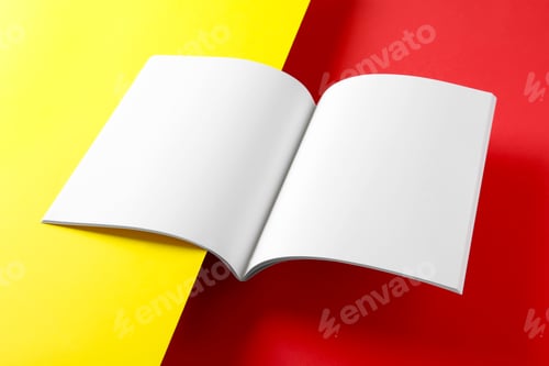 Aperçu: Empty book pages on color background. Mockup for design