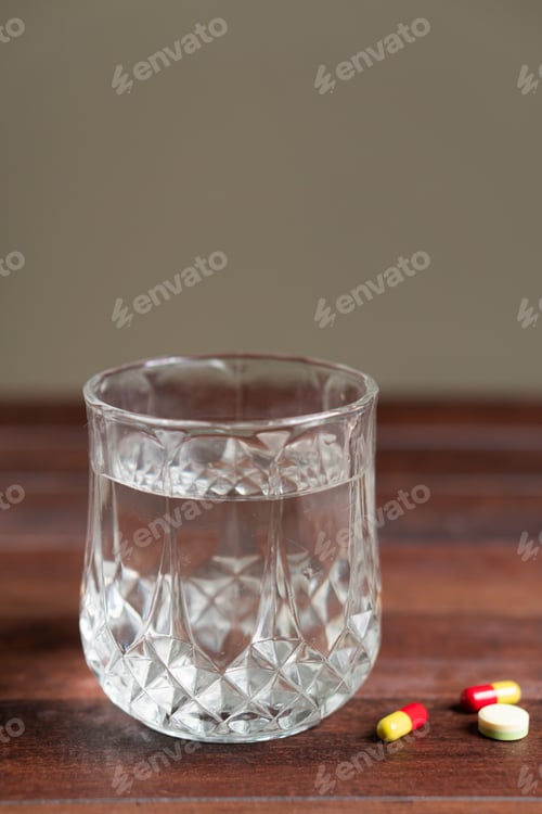 Preview: Scattered Pills and Syringe on Wooden Table