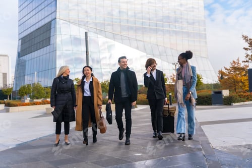 Preview: Group of multi-ethnic business people with suitcases in a business park walking to work