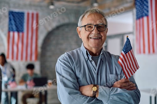 Preview: Confident senior man with US flag at pooling station looking at camera.