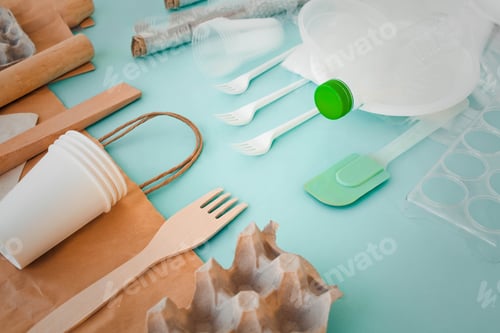 Preview: Set of plastic items and replacing them with eco tableware wooden and paper bag. Zero waste concept