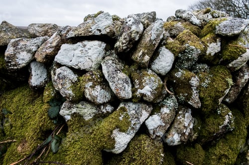 Preview: Close up of a dry stone wall with stones partially covered in moss.