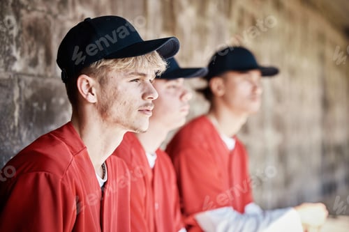 Preview: Baseball, team and dugout with a sports man watching a competitive game outdoor during summer for r