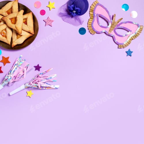 Preview: Purim carnival background with traditional cookies, costume accessories and decor on pastel violet b