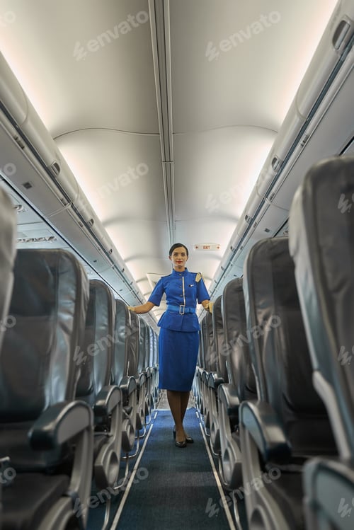 Preview: Beautiful young airline hostess at work alone