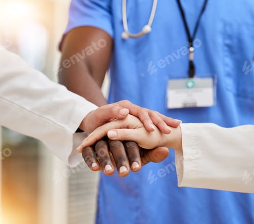 Preview: Doctors, teamwork and hands together for support, collaboration and healthcare motivation, goals an
