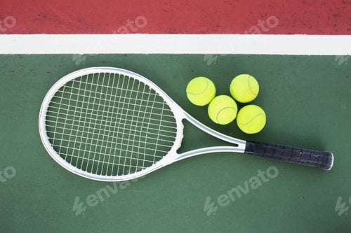 Preview: tennis racket and balls on the tennis court