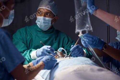 Preview: Surgery collaboration, man or surgeon operation, hospital emergency aid or expert helping, support