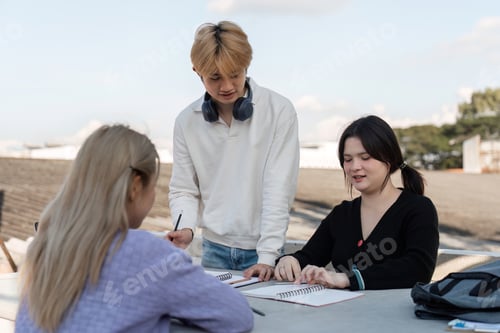 Preview: Diverse Group of Students Engaging in Online Learning Together Outdoors with Laptops and Notebooks
