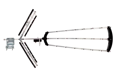 Preview: Top view closeup of an antenna made out of metallic parts isolated on a white background