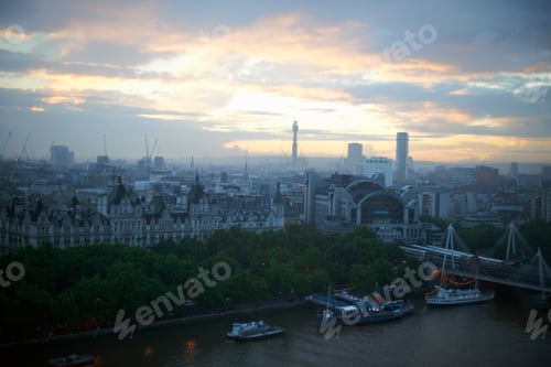 Preview: High angle view of river Thames and waterfront at dawn, London, England, UK