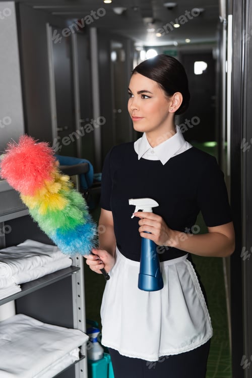 Preview: young maid in uniform holding dust brush and spray bottle