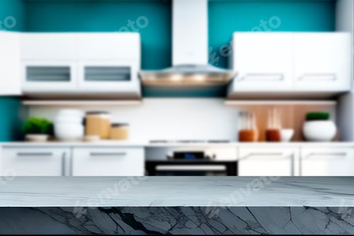 Preview: Empty marble top table with blurred kitchen interior Background. for product display.
