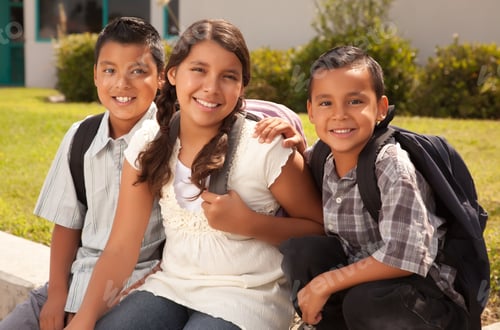 Preview: Cute Brothers and Sister Wearing Backpacks Ready for School.