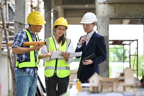 Preview: Structural engineers team and businessman planning development details.