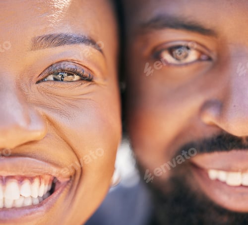 Preview: Love, zoom and portrait of happy black couple with smile on face and romantic date for valentines d