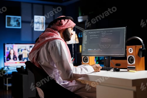Preview: Muslim man checks database code on pc