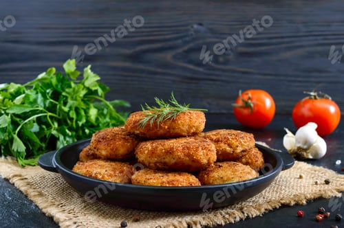 Preview: Juicy homemade cutlets (beef, pork, chicken) on a black background.