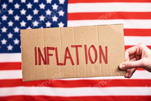 Preview: World inflation concept. Woman hold sheet with word inflation