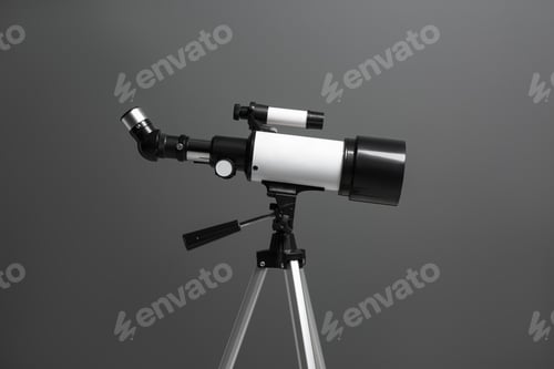 Preview: Tripod with modern telescope on grey background, closeup