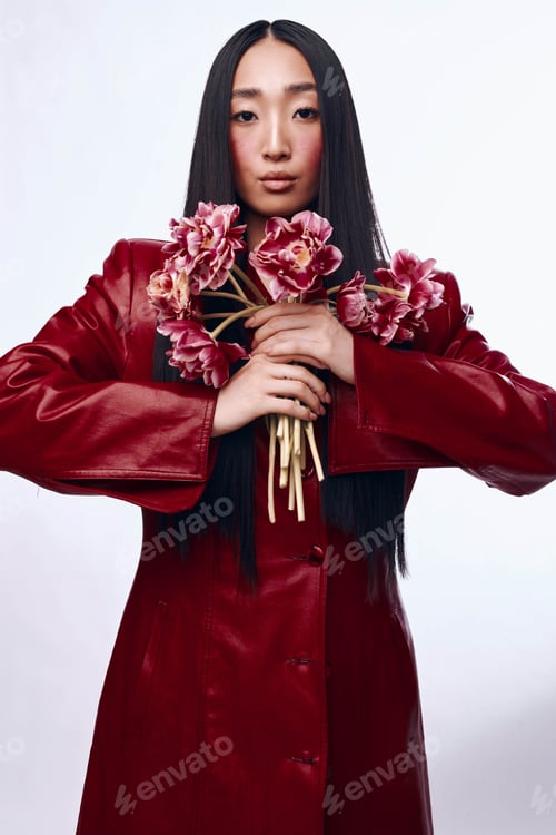 Preview: Beautiful woman with long black hair in red coat holding a bouquet of flowers standing outdoors