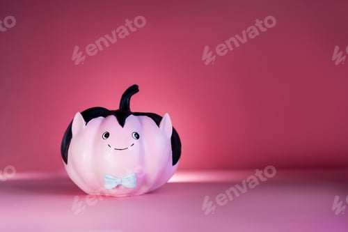 Preview: Halloween decorations on dark pink background. Funny and cute pink Vampire pumpkin