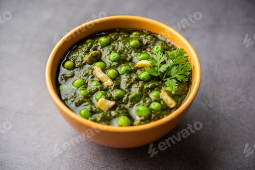 Preview: palak matar curry also known as spinach geen peas masala sabzi or sabji, indian food